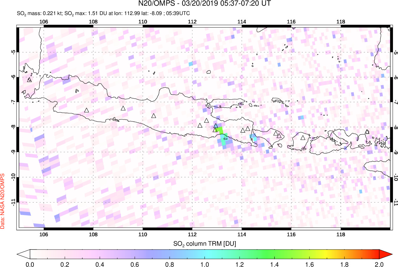 A sulfur dioxide image over Java, Indonesia on Mar 20, 2019.