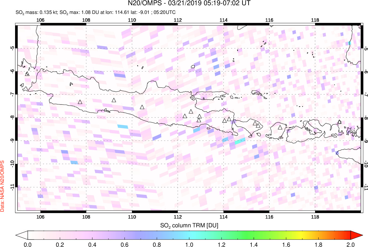A sulfur dioxide image over Java, Indonesia on Mar 21, 2019.