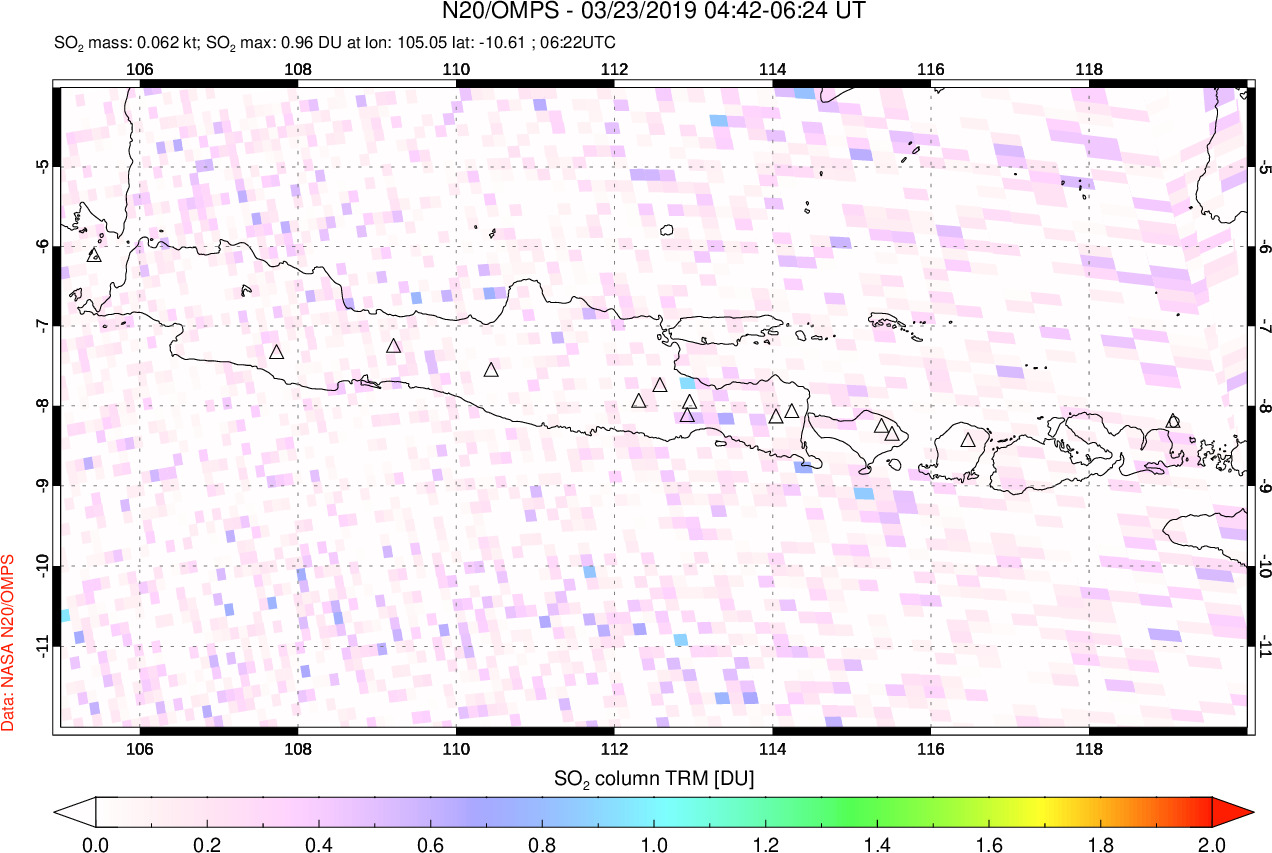 A sulfur dioxide image over Java, Indonesia on Mar 23, 2019.
