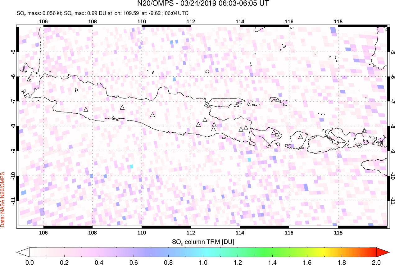 A sulfur dioxide image over Java, Indonesia on Mar 24, 2019.