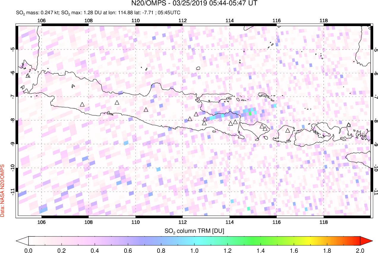 A sulfur dioxide image over Java, Indonesia on Mar 25, 2019.