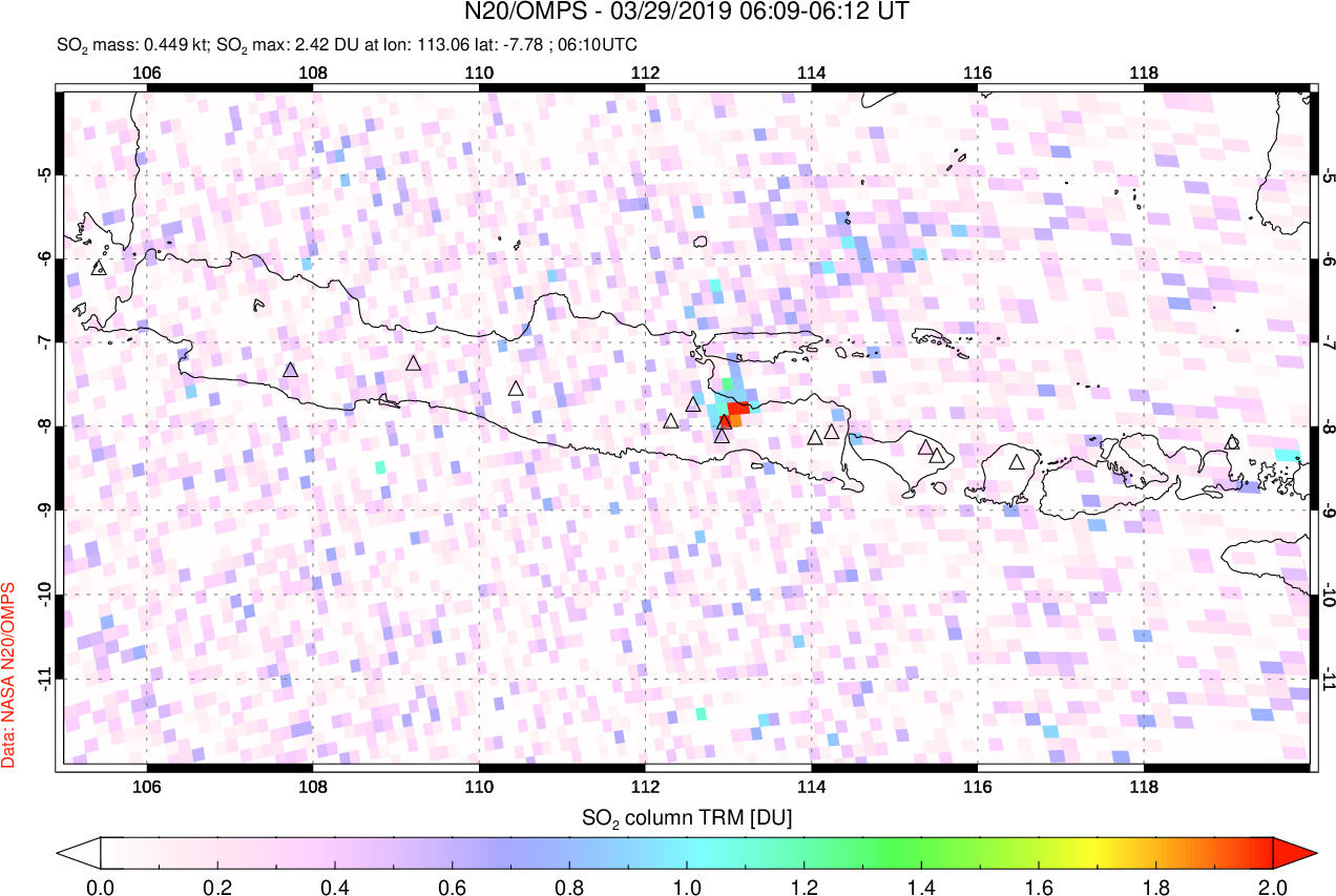 A sulfur dioxide image over Java, Indonesia on Mar 29, 2019.