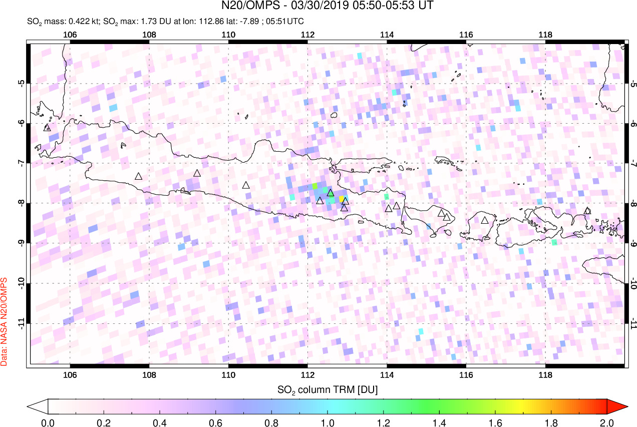 A sulfur dioxide image over Java, Indonesia on Mar 30, 2019.