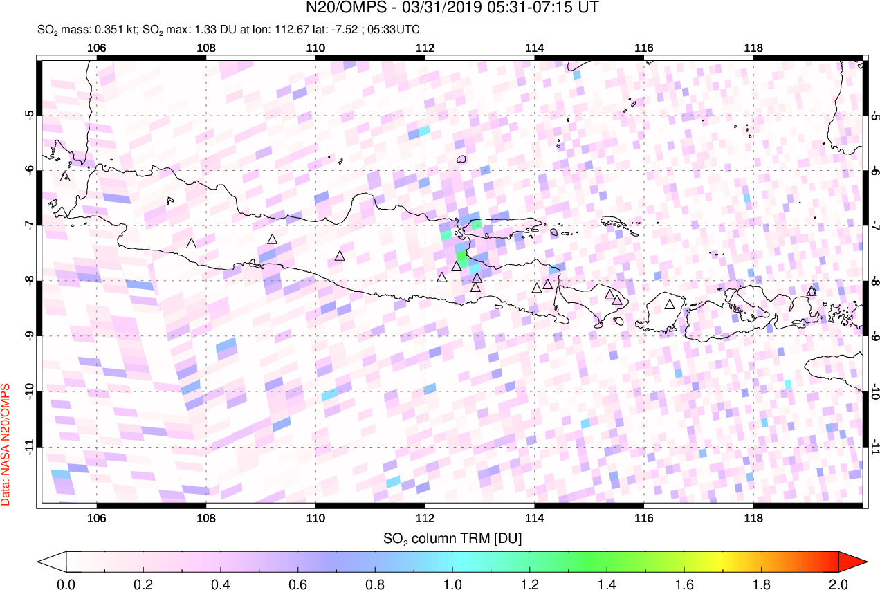 A sulfur dioxide image over Java, Indonesia on Mar 31, 2019.