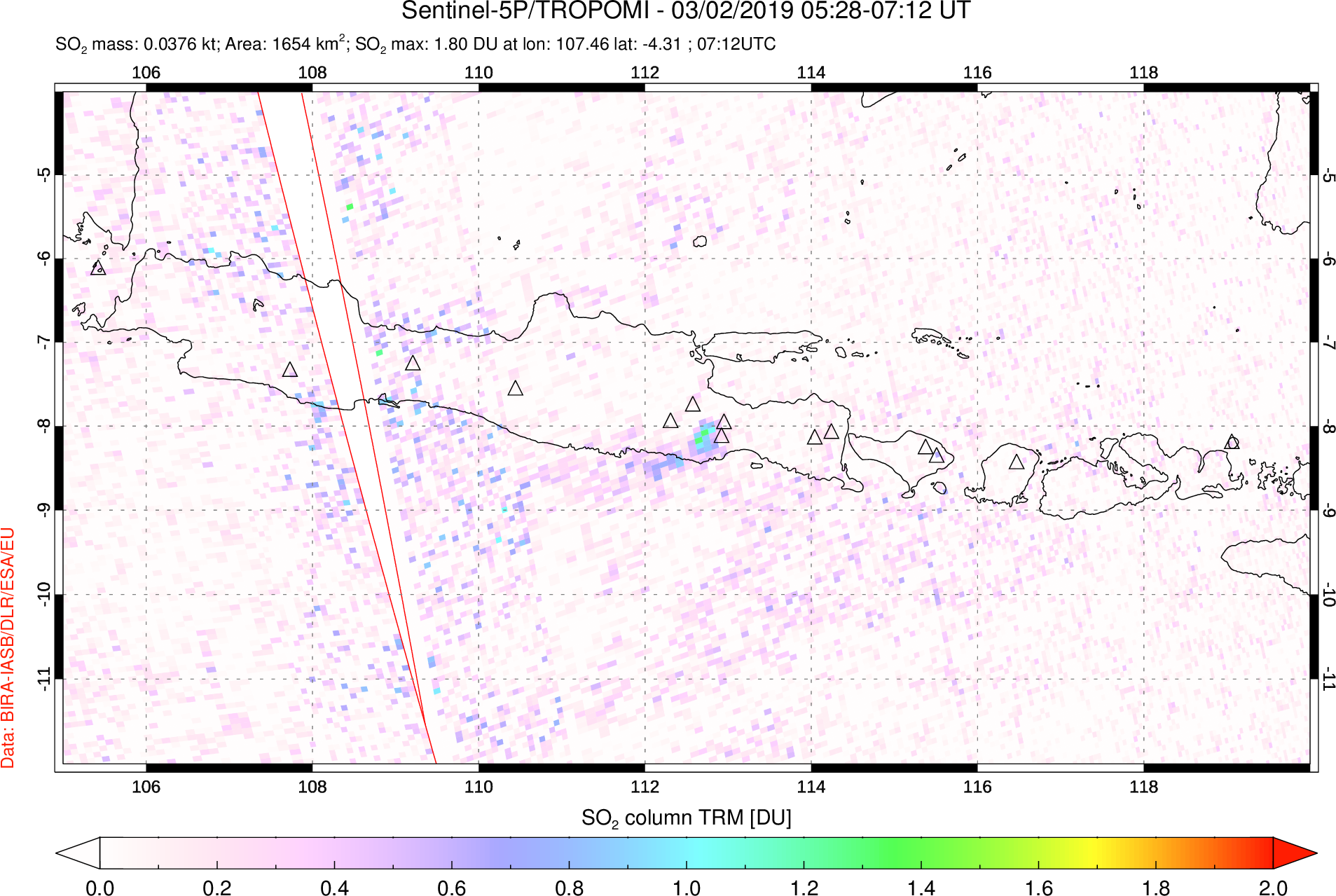 A sulfur dioxide image over Java, Indonesia on Mar 02, 2019.