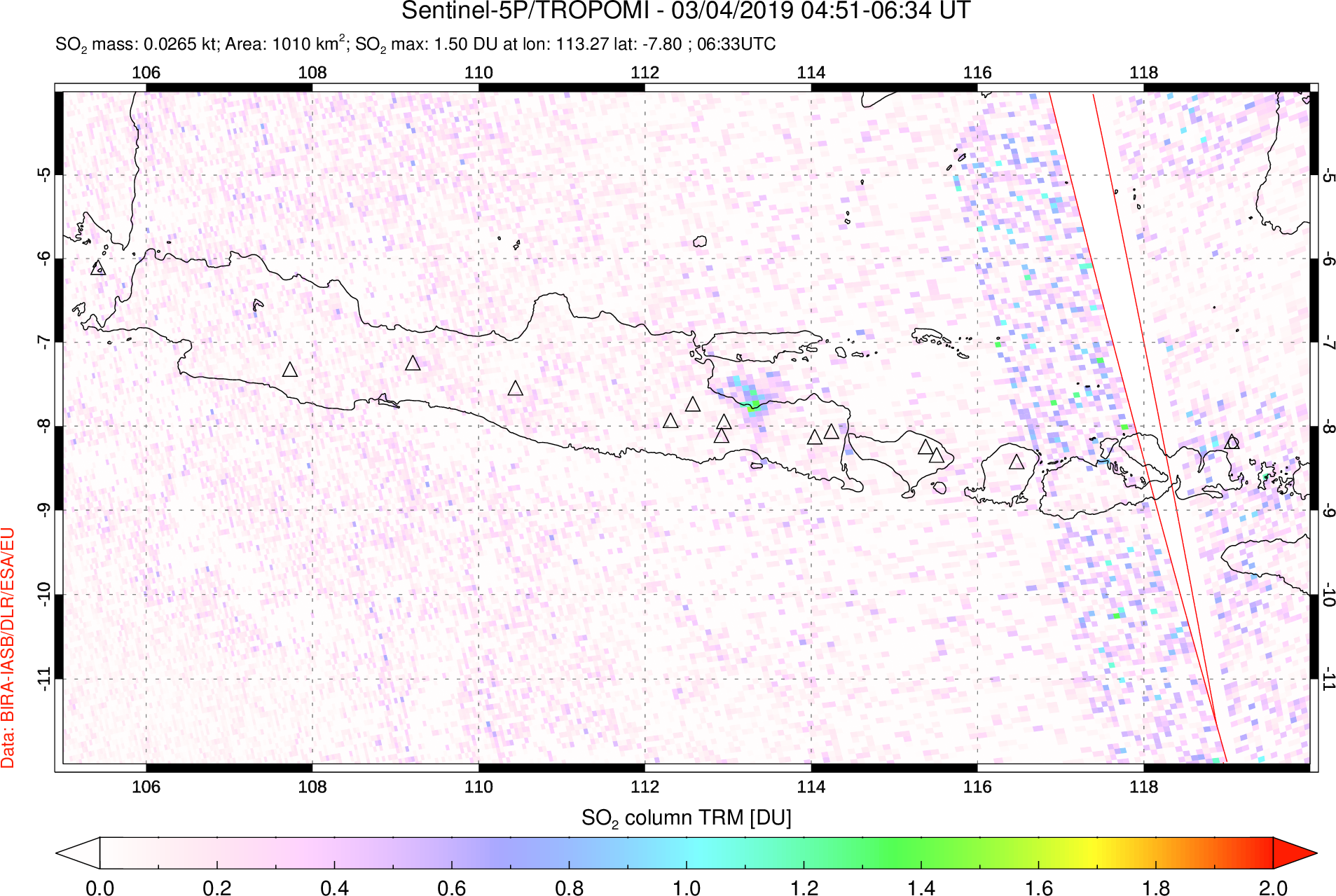 A sulfur dioxide image over Java, Indonesia on Mar 04, 2019.