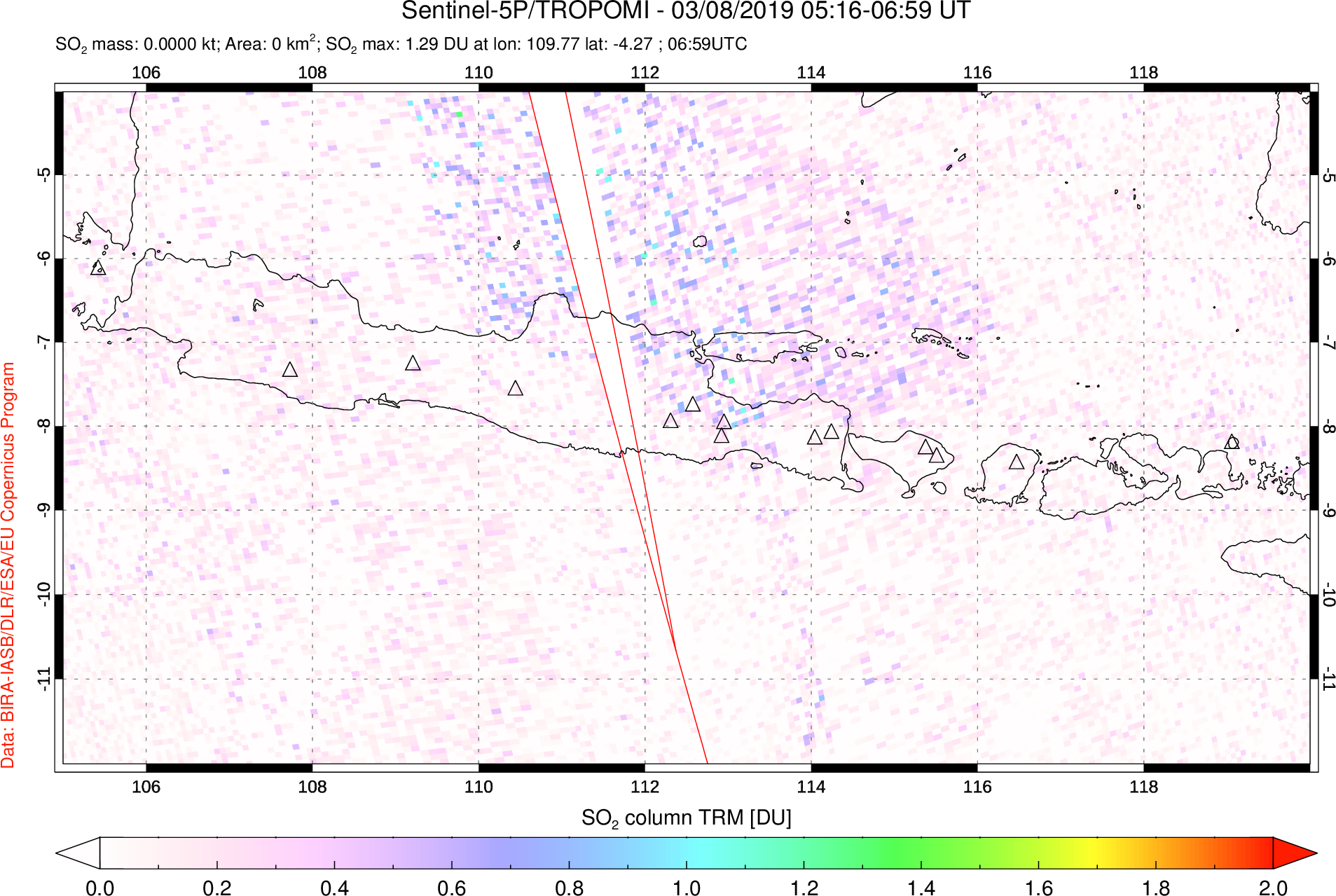 A sulfur dioxide image over Java, Indonesia on Mar 08, 2019.