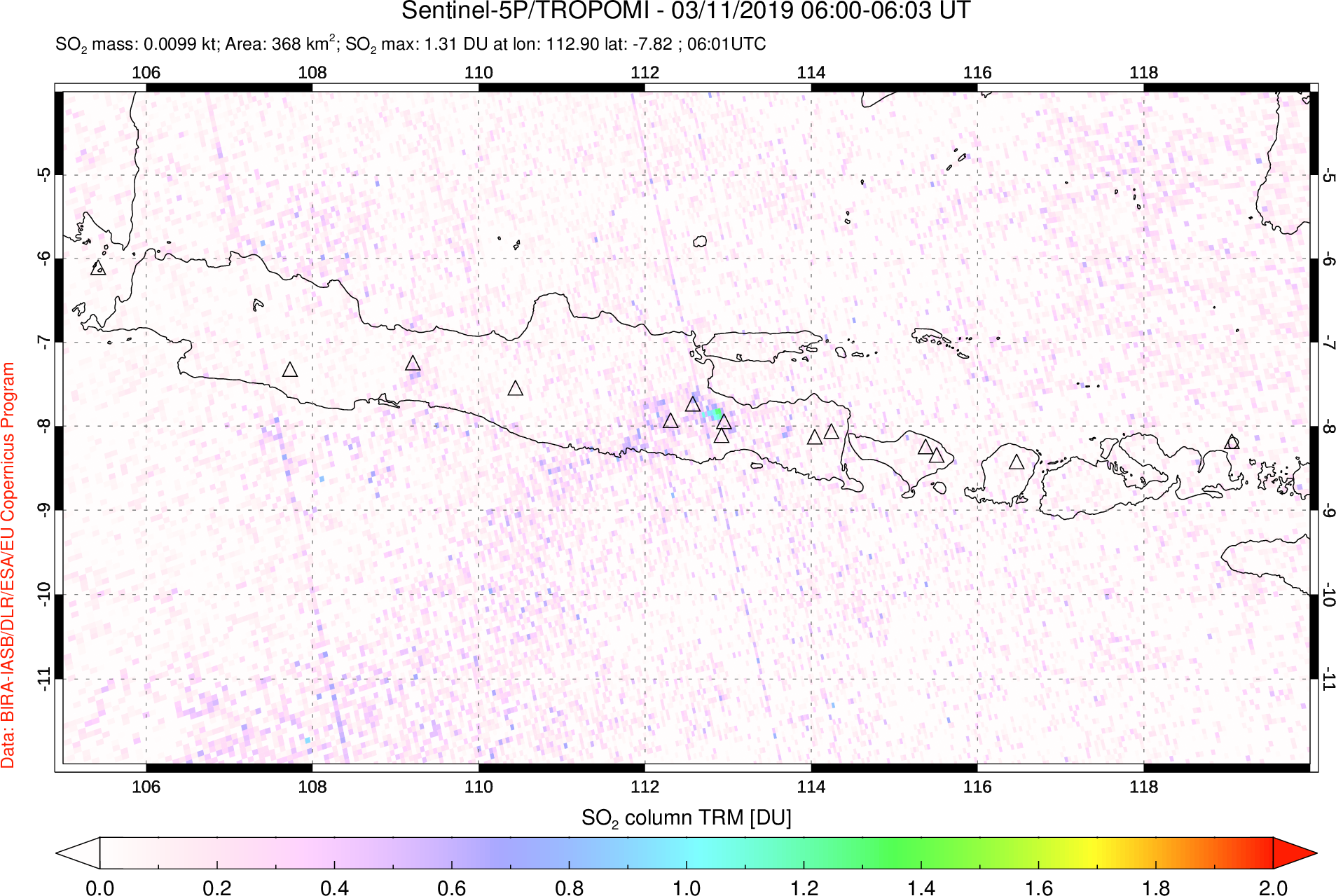 A sulfur dioxide image over Java, Indonesia on Mar 11, 2019.