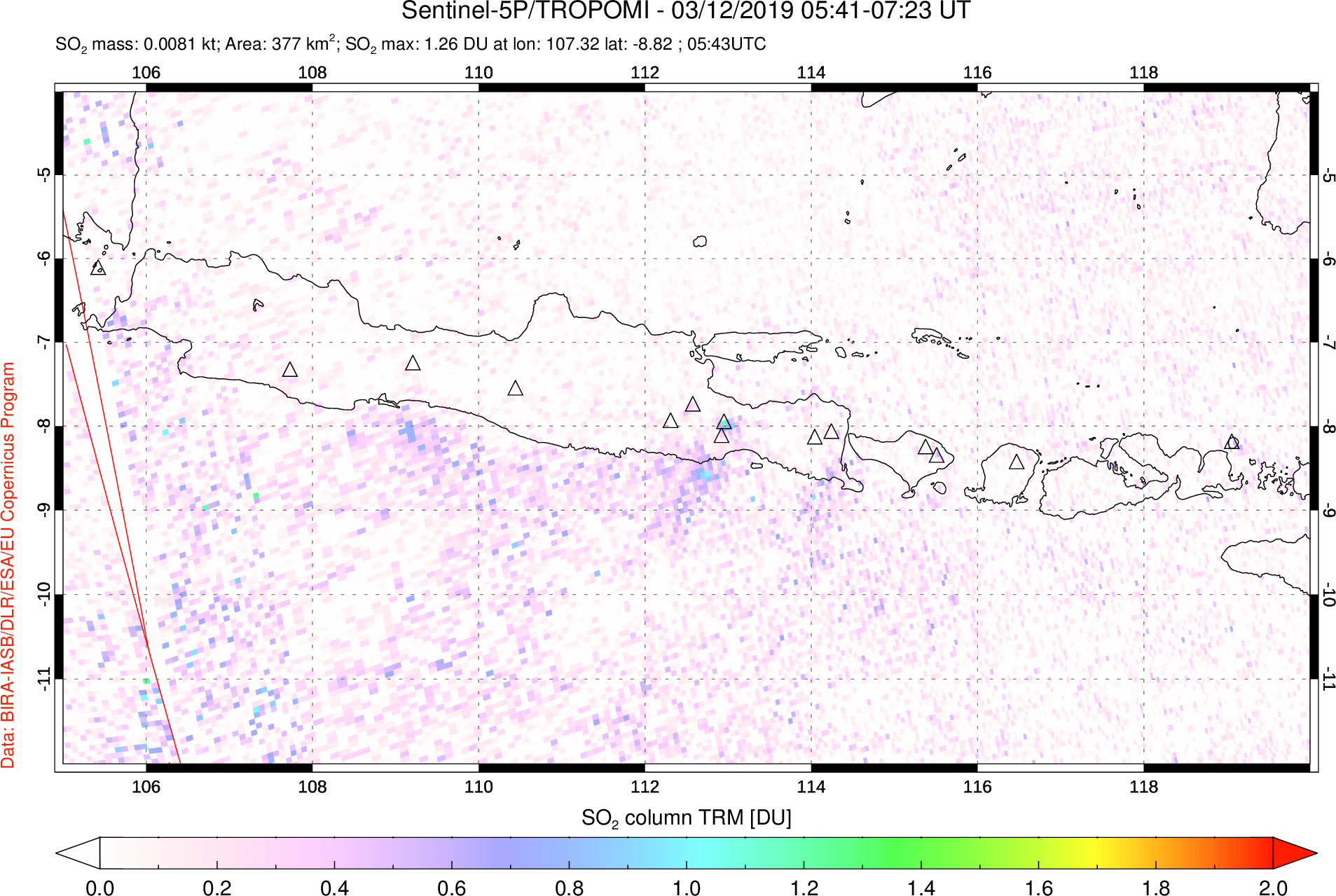 A sulfur dioxide image over Java, Indonesia on Mar 12, 2019.