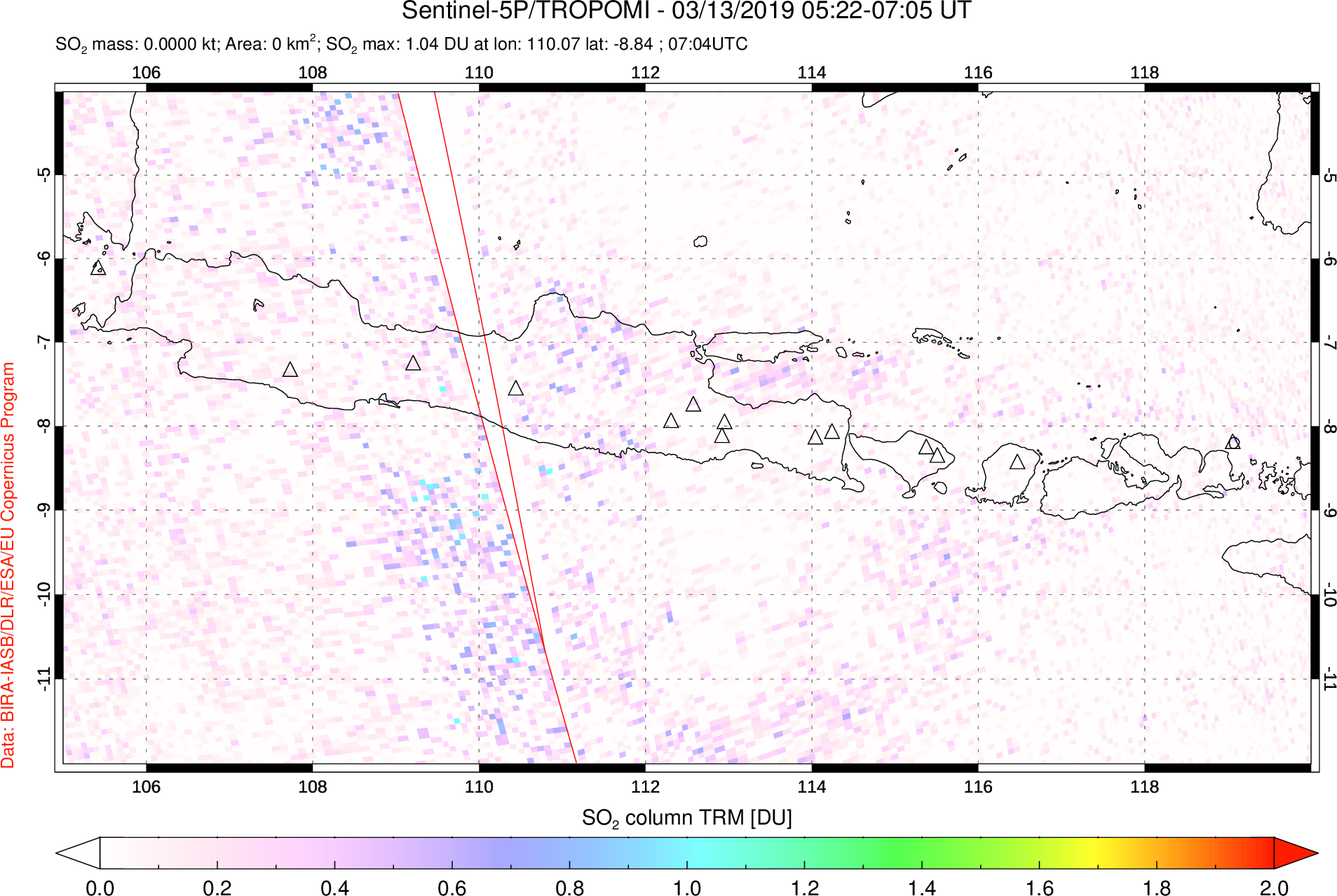 A sulfur dioxide image over Java, Indonesia on Mar 13, 2019.