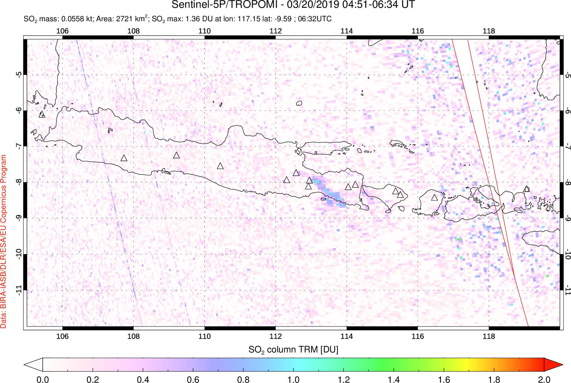 A sulfur dioxide image over Java, Indonesia on Mar 20, 2019.