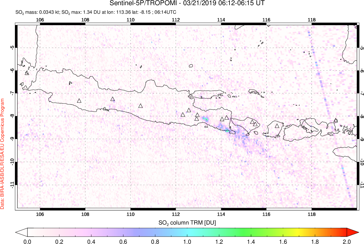A sulfur dioxide image over Java, Indonesia on Mar 21, 2019.
