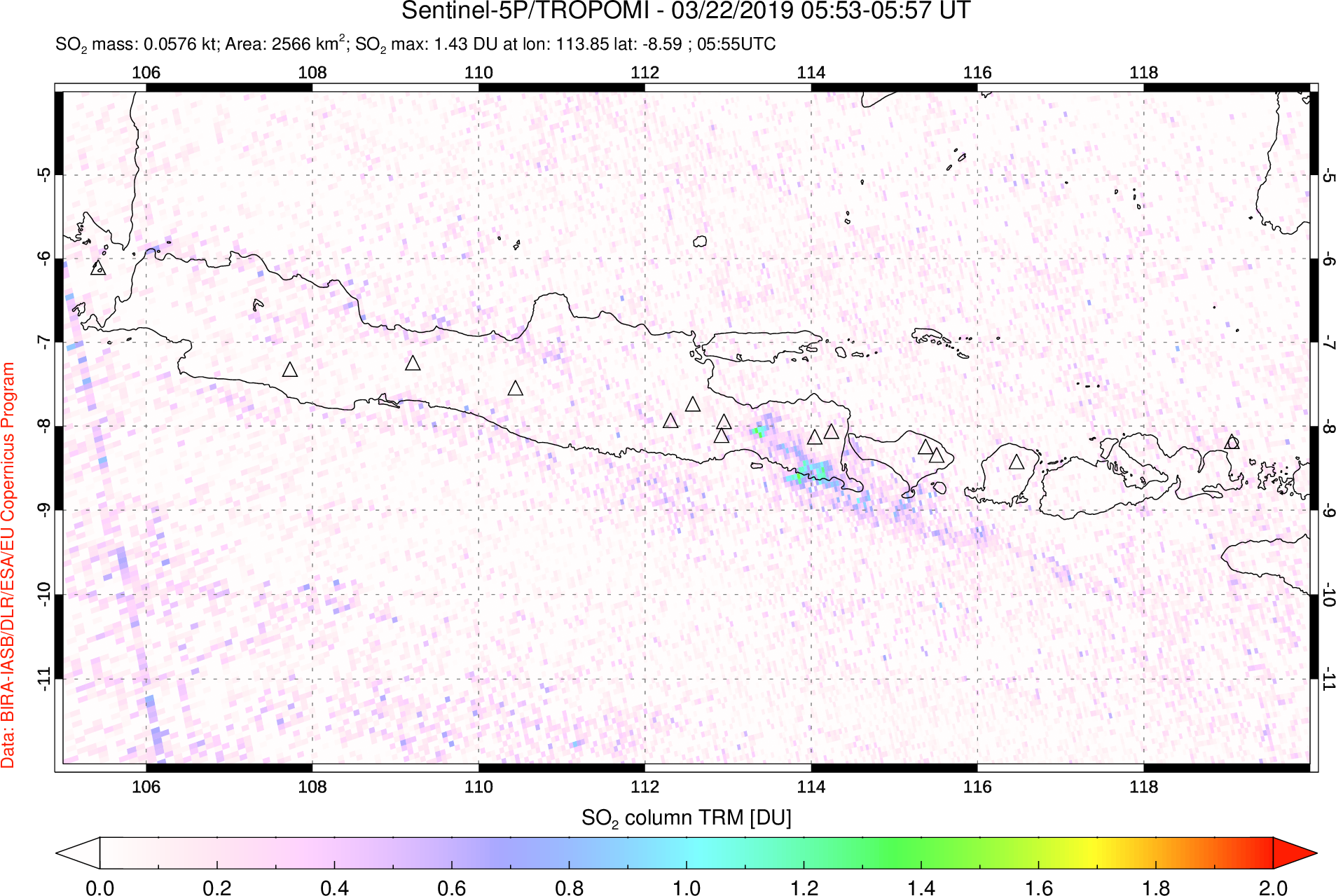 A sulfur dioxide image over Java, Indonesia on Mar 22, 2019.