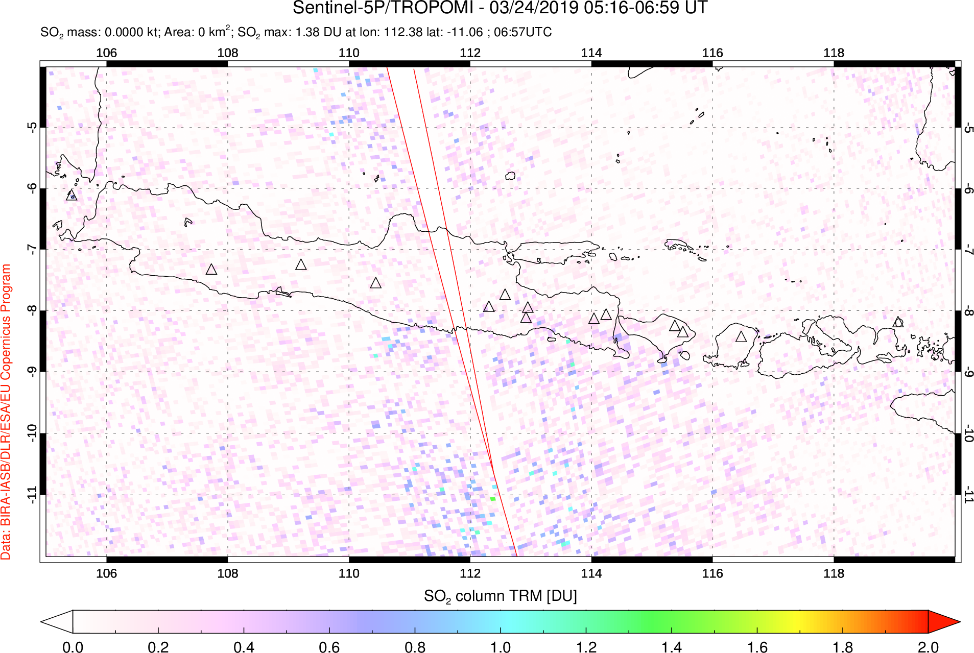 A sulfur dioxide image over Java, Indonesia on Mar 24, 2019.