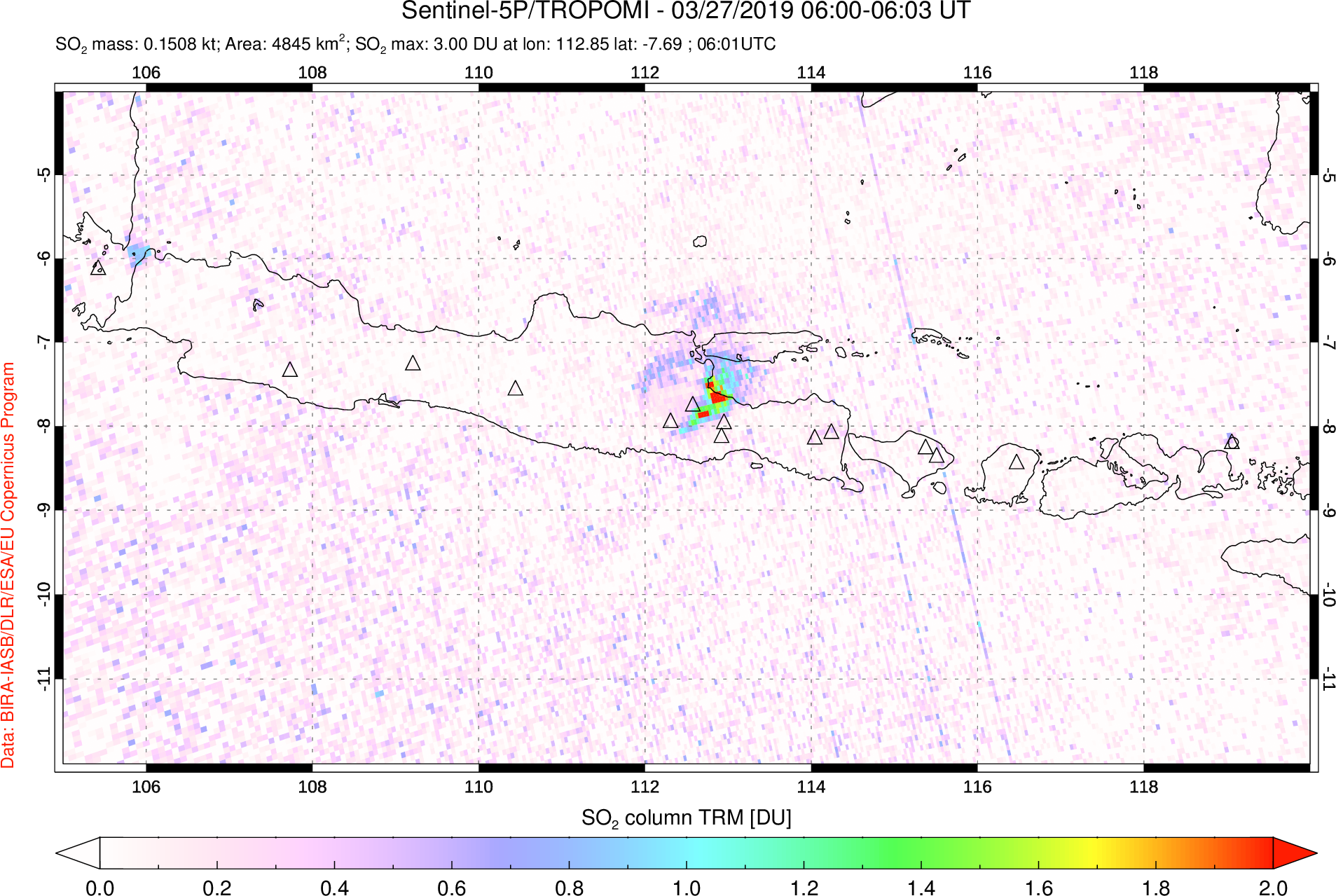 A sulfur dioxide image over Java, Indonesia on Mar 27, 2019.