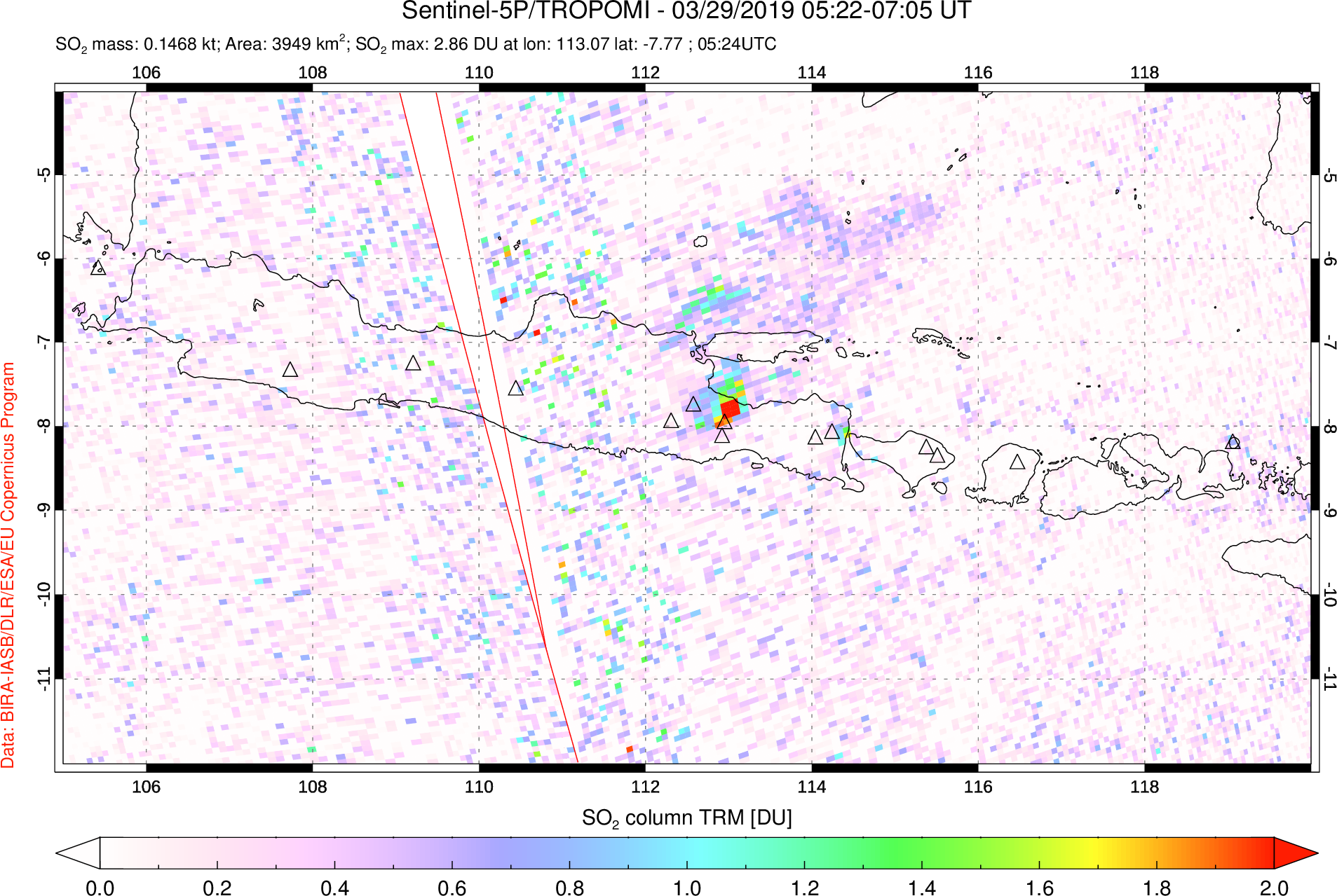A sulfur dioxide image over Java, Indonesia on Mar 29, 2019.