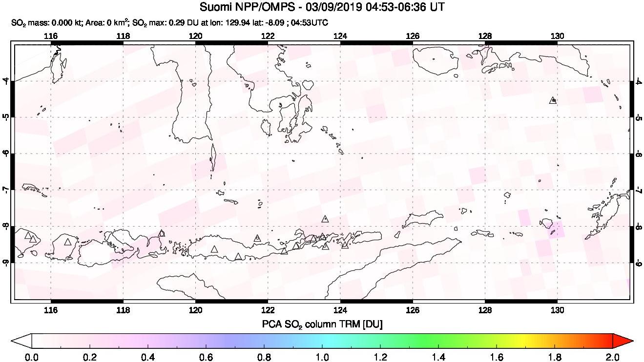 A sulfur dioxide image over Lesser Sunda Islands, Indonesia on Mar 09, 2019.