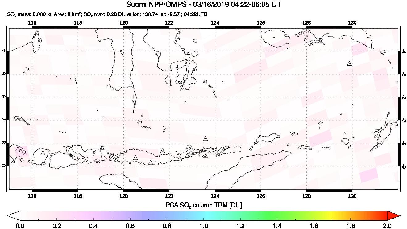 A sulfur dioxide image over Lesser Sunda Islands, Indonesia on Mar 16, 2019.