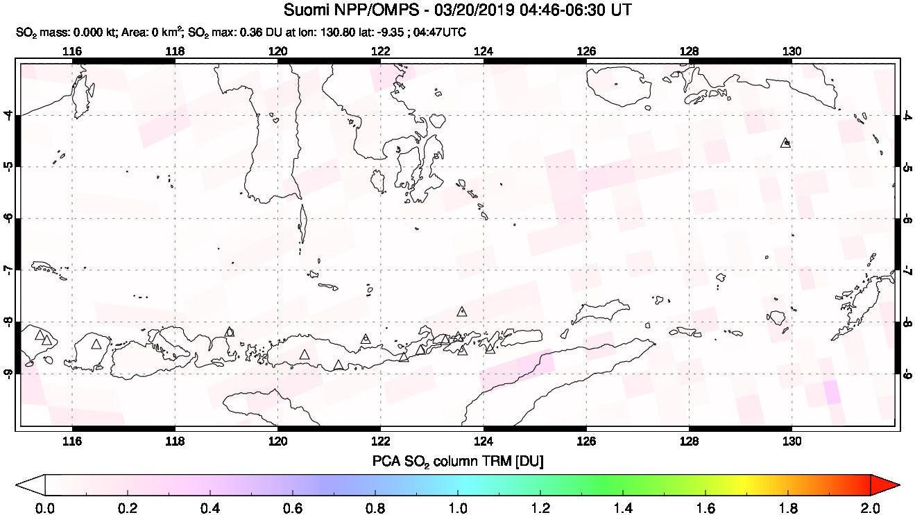 A sulfur dioxide image over Lesser Sunda Islands, Indonesia on Mar 20, 2019.