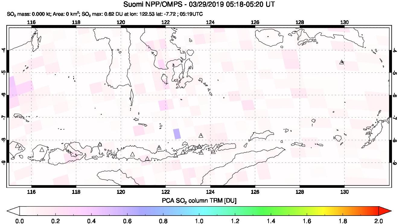 A sulfur dioxide image over Lesser Sunda Islands, Indonesia on Mar 29, 2019.