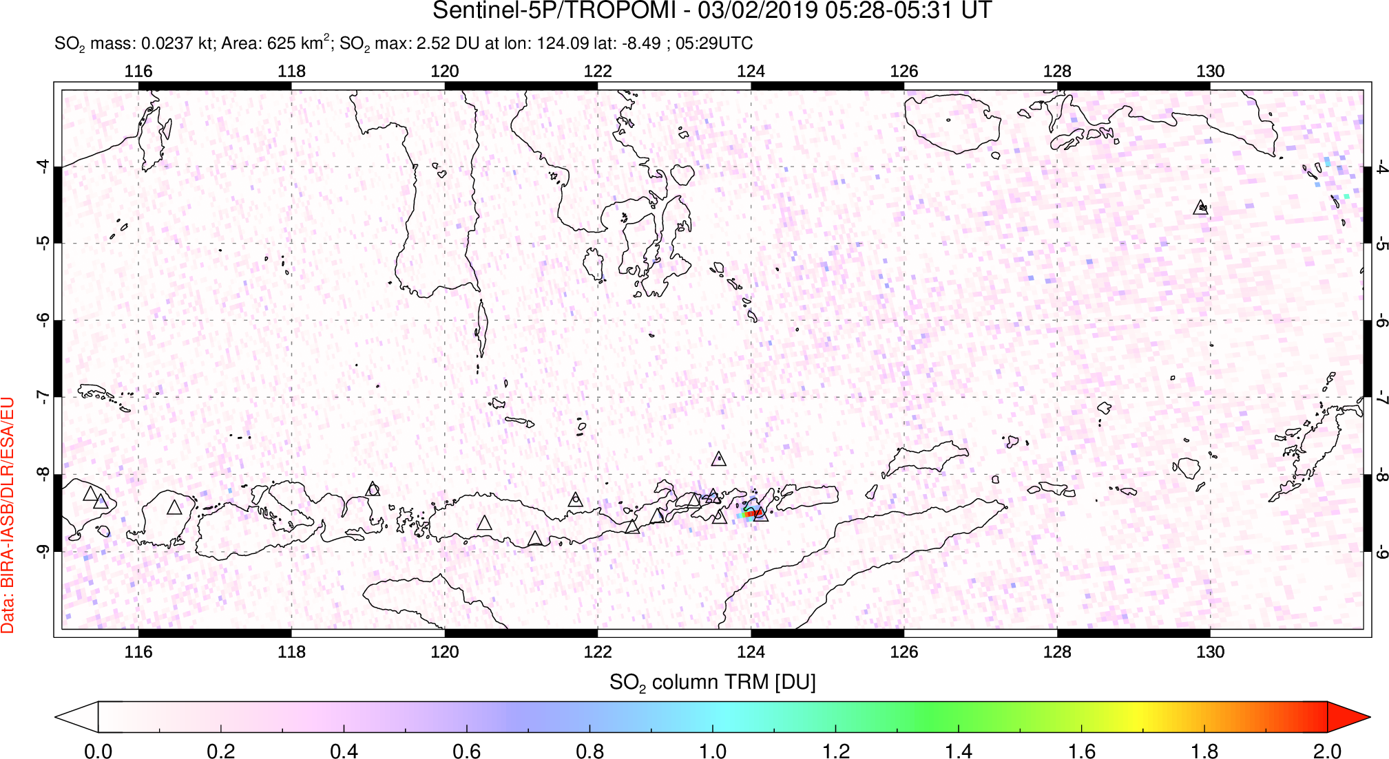 A sulfur dioxide image over Lesser Sunda Islands, Indonesia on Mar 02, 2019.
