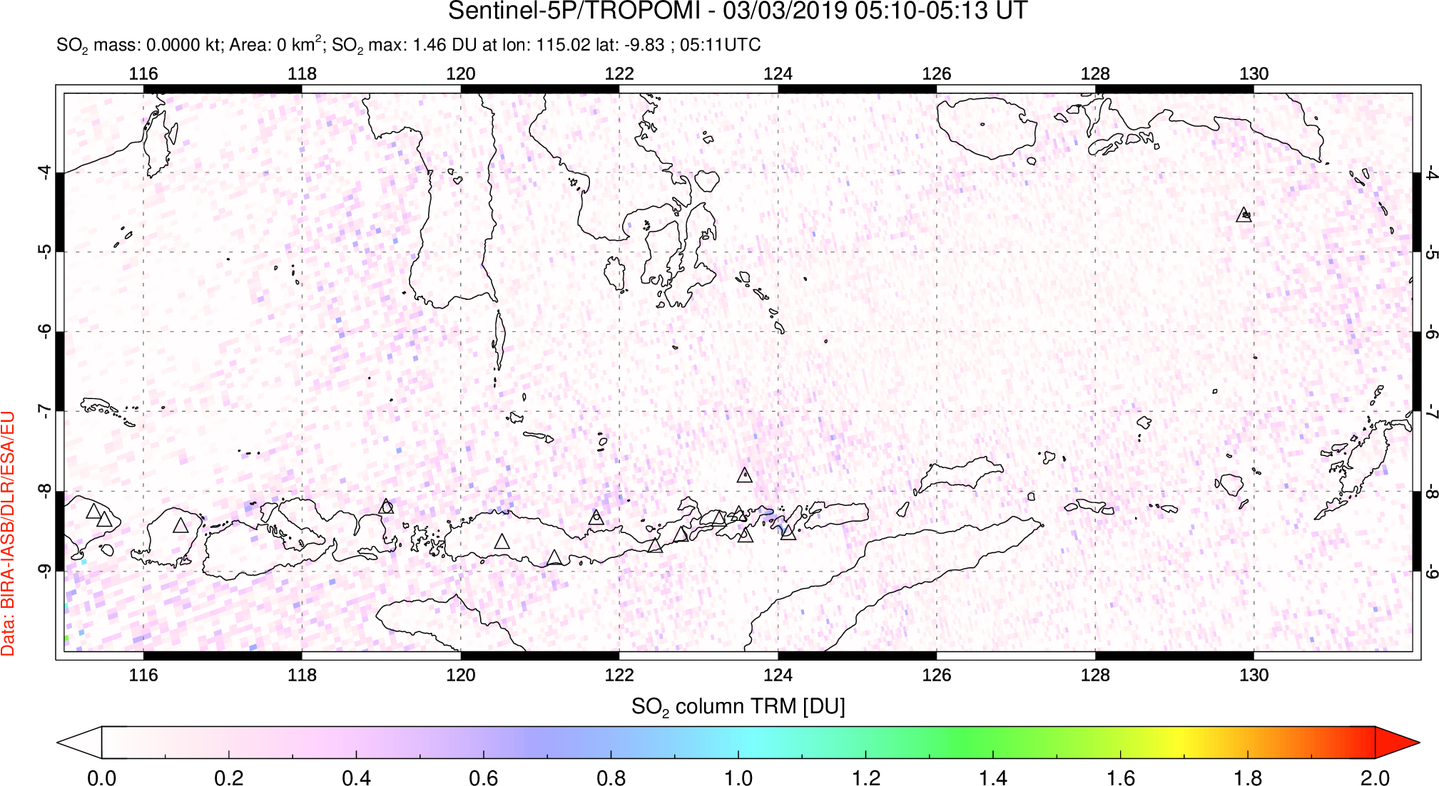 A sulfur dioxide image over Lesser Sunda Islands, Indonesia on Mar 03, 2019.