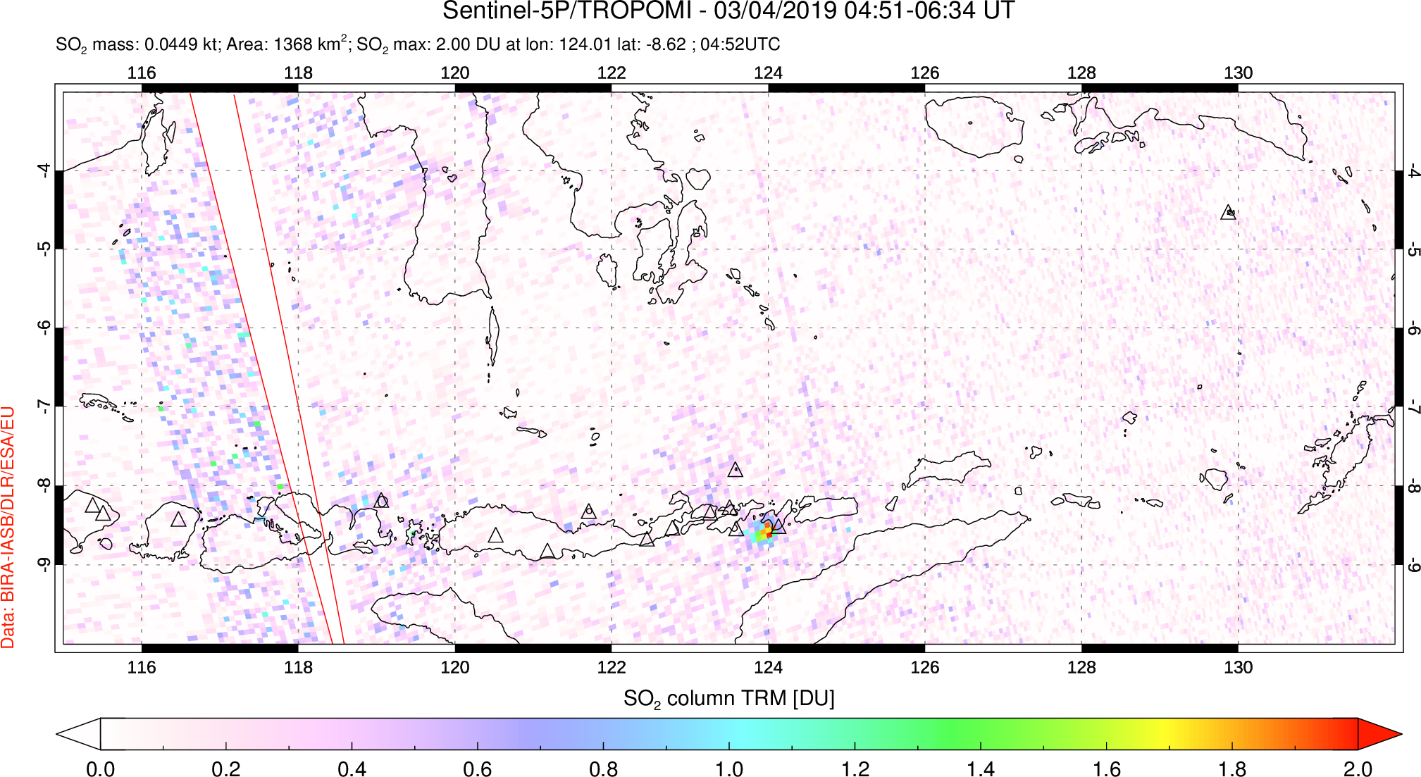 A sulfur dioxide image over Lesser Sunda Islands, Indonesia on Mar 04, 2019.