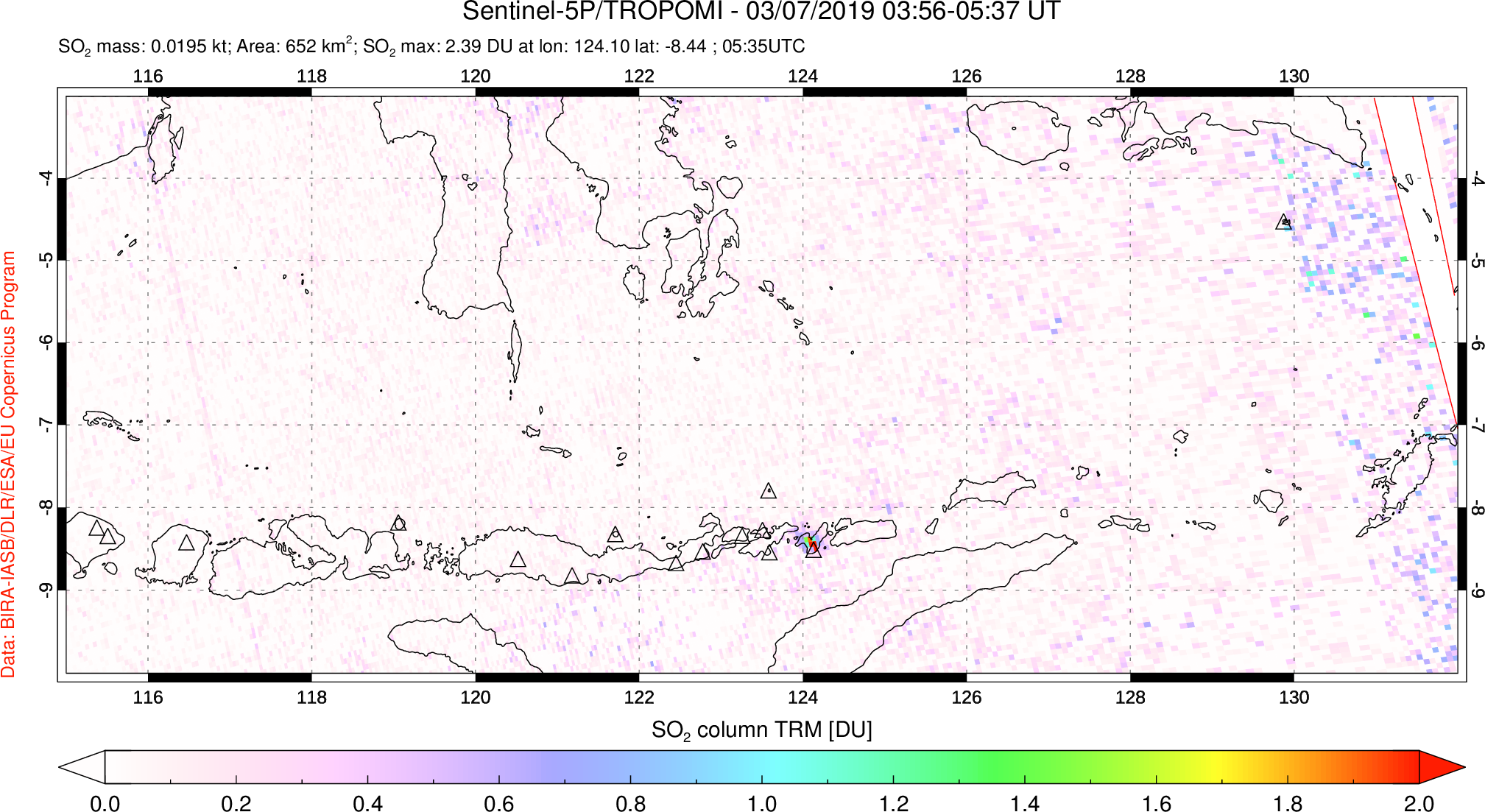 A sulfur dioxide image over Lesser Sunda Islands, Indonesia on Mar 07, 2019.