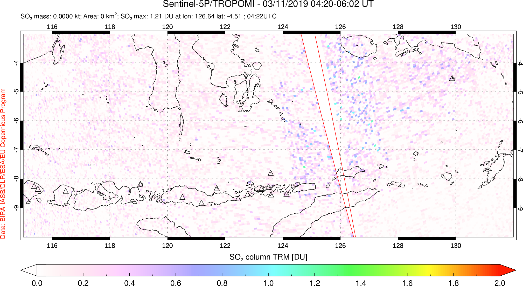 A sulfur dioxide image over Lesser Sunda Islands, Indonesia on Mar 11, 2019.