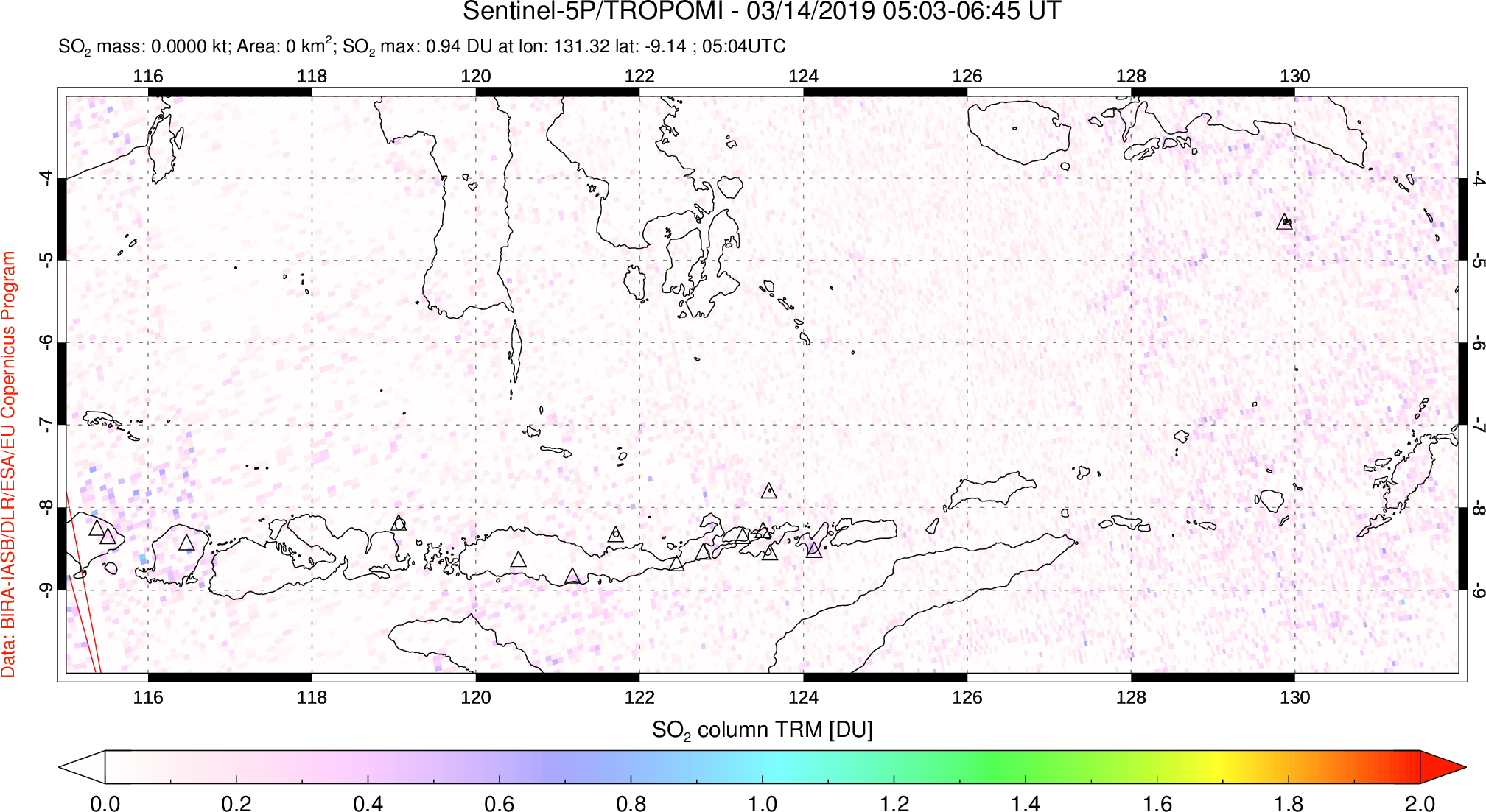 A sulfur dioxide image over Lesser Sunda Islands, Indonesia on Mar 14, 2019.