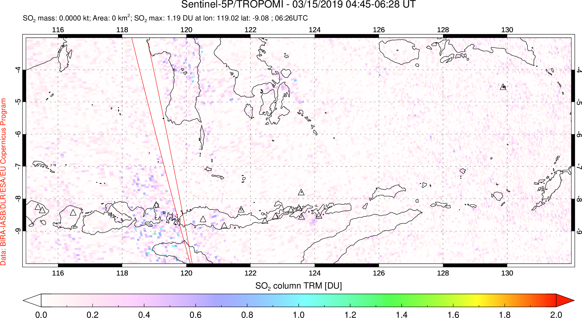 A sulfur dioxide image over Lesser Sunda Islands, Indonesia on Mar 15, 2019.