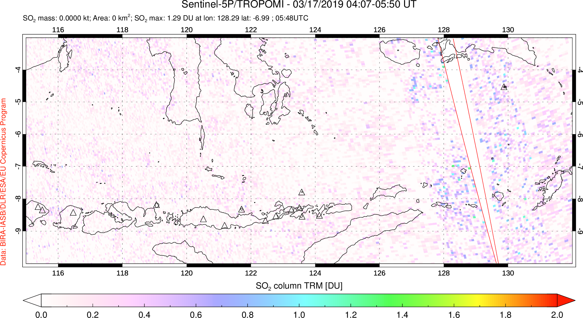 A sulfur dioxide image over Lesser Sunda Islands, Indonesia on Mar 17, 2019.