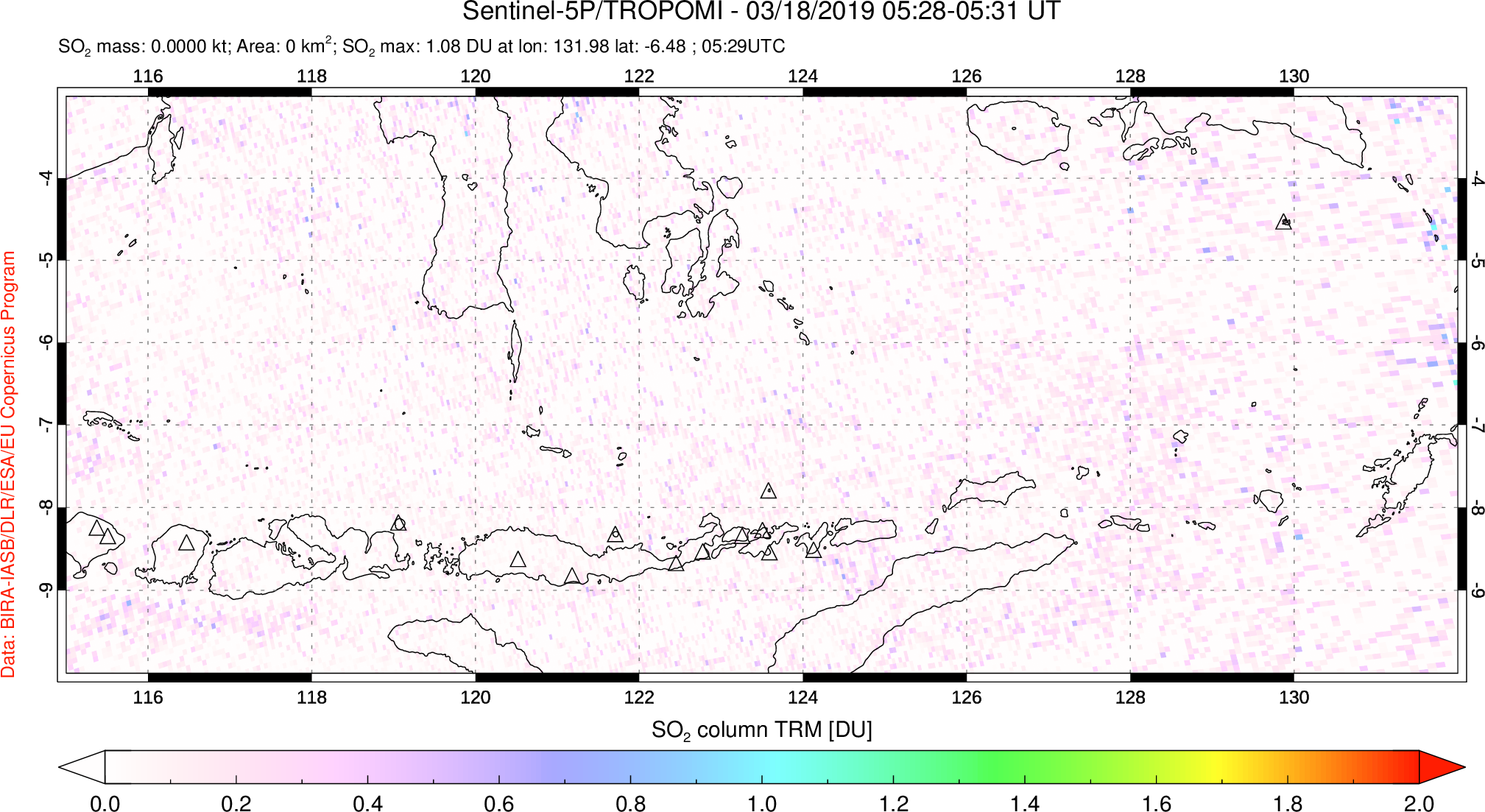 A sulfur dioxide image over Lesser Sunda Islands, Indonesia on Mar 18, 2019.