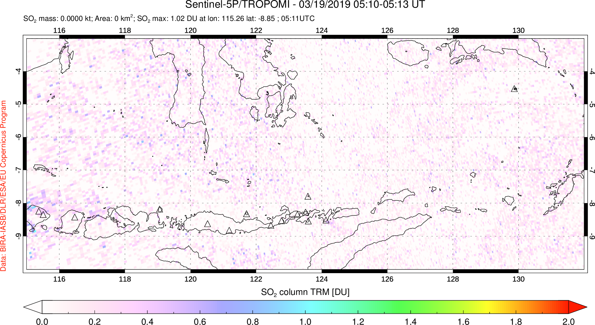 A sulfur dioxide image over Lesser Sunda Islands, Indonesia on Mar 19, 2019.
