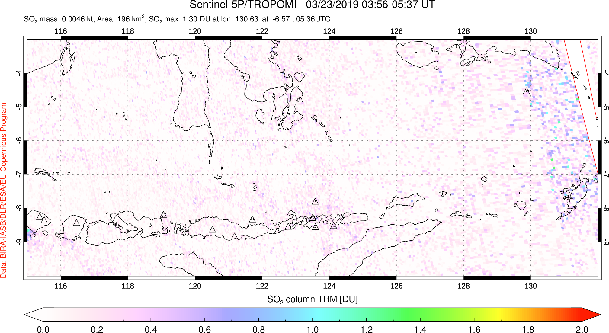 A sulfur dioxide image over Lesser Sunda Islands, Indonesia on Mar 23, 2019.