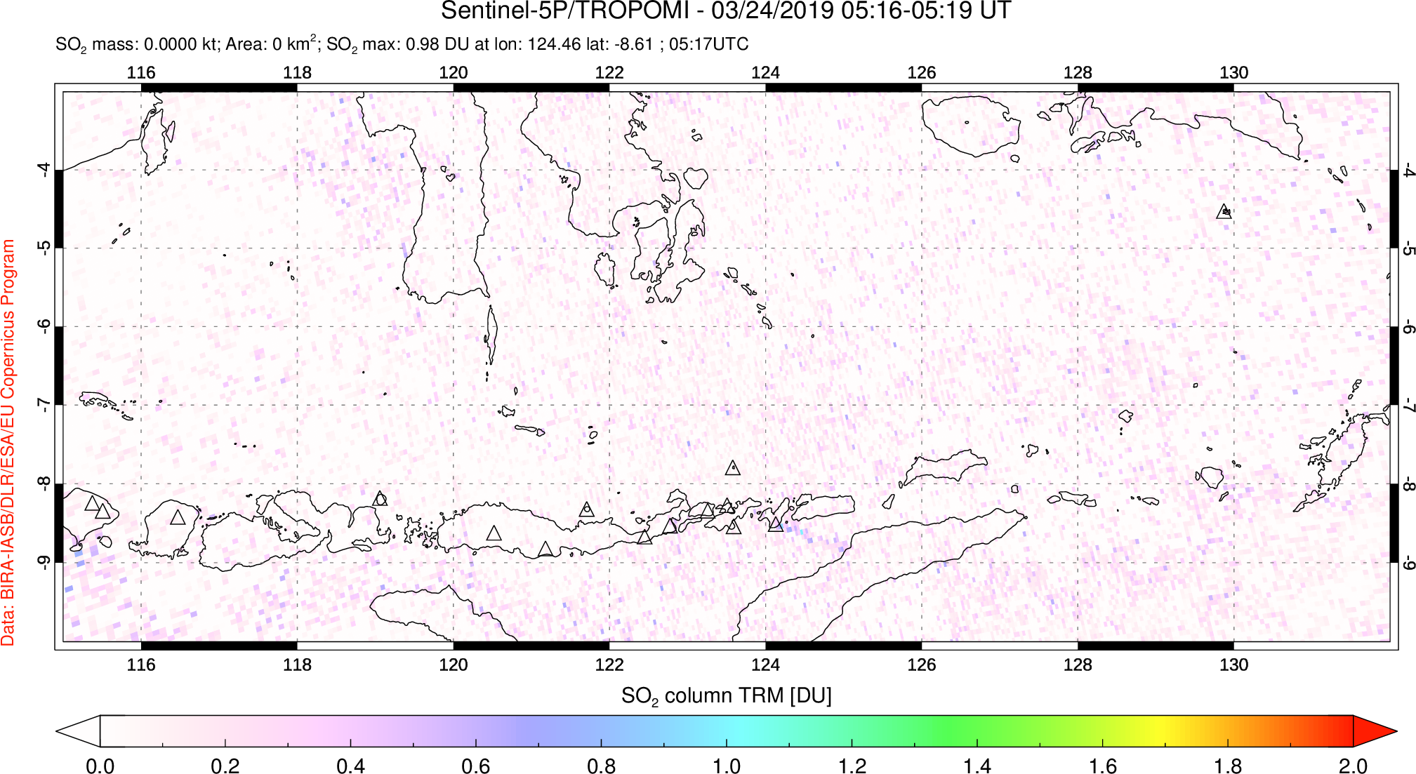 A sulfur dioxide image over Lesser Sunda Islands, Indonesia on Mar 24, 2019.