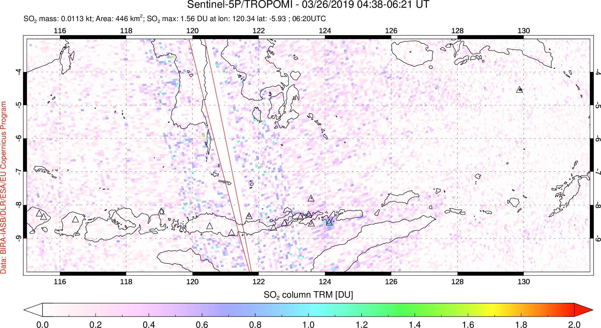 A sulfur dioxide image over Lesser Sunda Islands, Indonesia on Mar 26, 2019.
