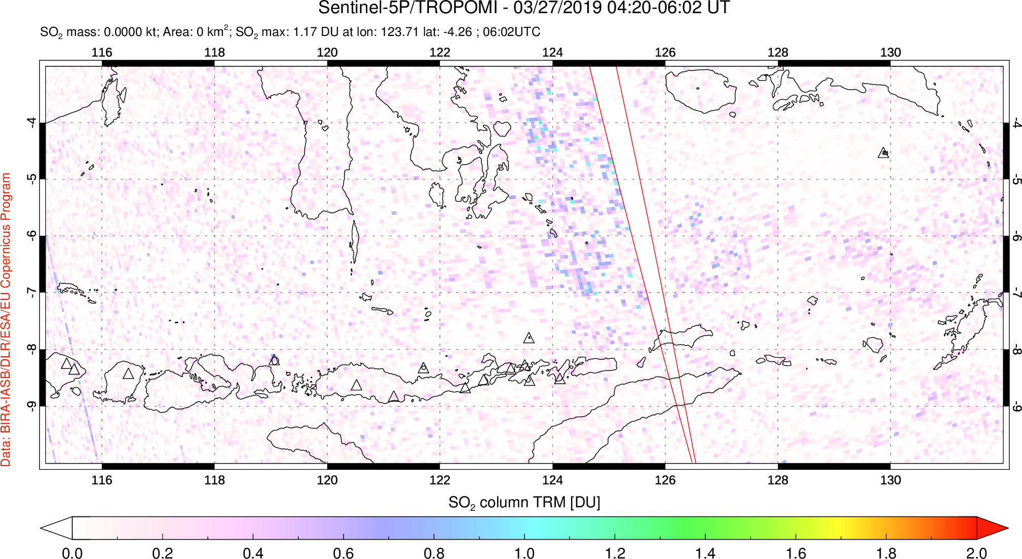 A sulfur dioxide image over Lesser Sunda Islands, Indonesia on Mar 27, 2019.