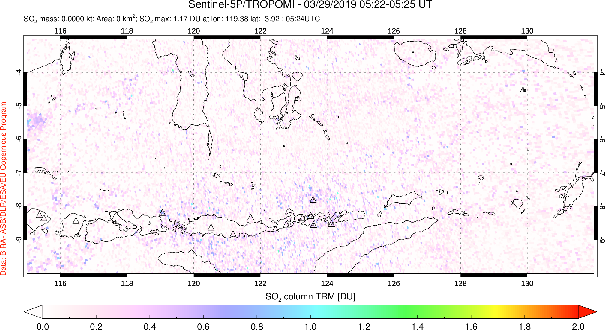 A sulfur dioxide image over Lesser Sunda Islands, Indonesia on Mar 29, 2019.