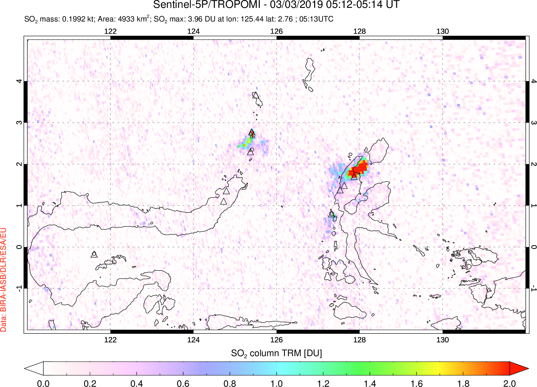A sulfur dioxide image over Northern Sulawesi & Halmahera, Indonesia on Mar 03, 2019.