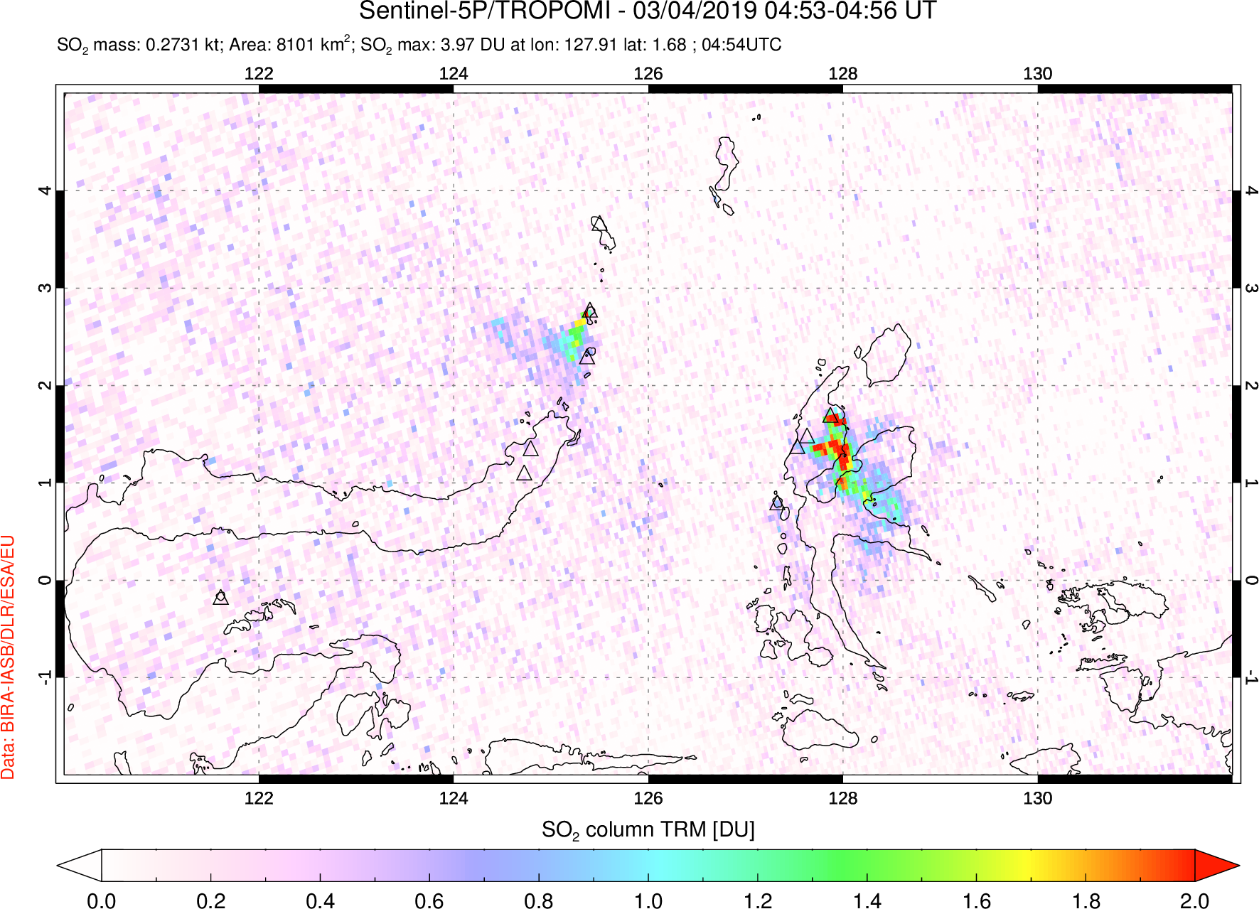 A sulfur dioxide image over Northern Sulawesi & Halmahera, Indonesia on Mar 04, 2019.