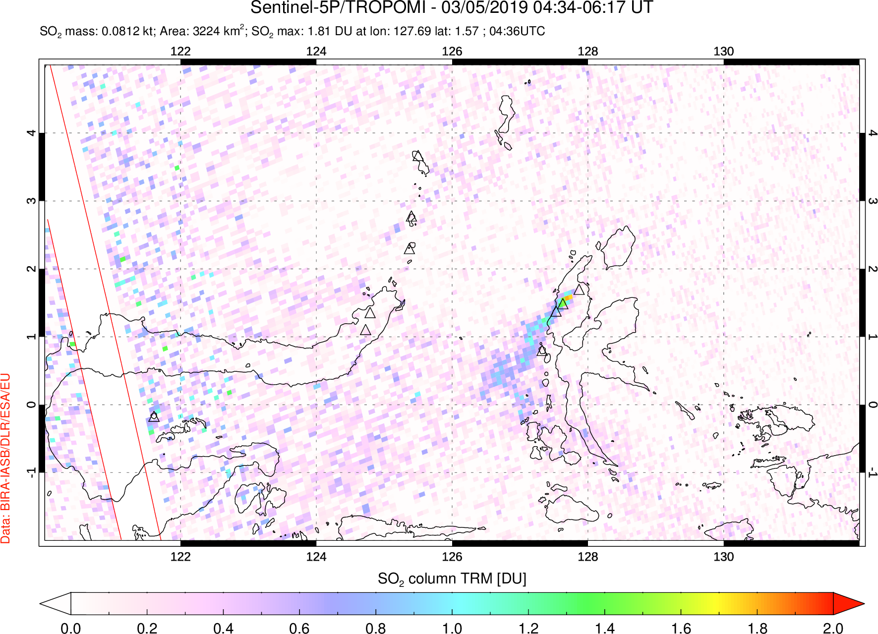 A sulfur dioxide image over Northern Sulawesi & Halmahera, Indonesia on Mar 05, 2019.