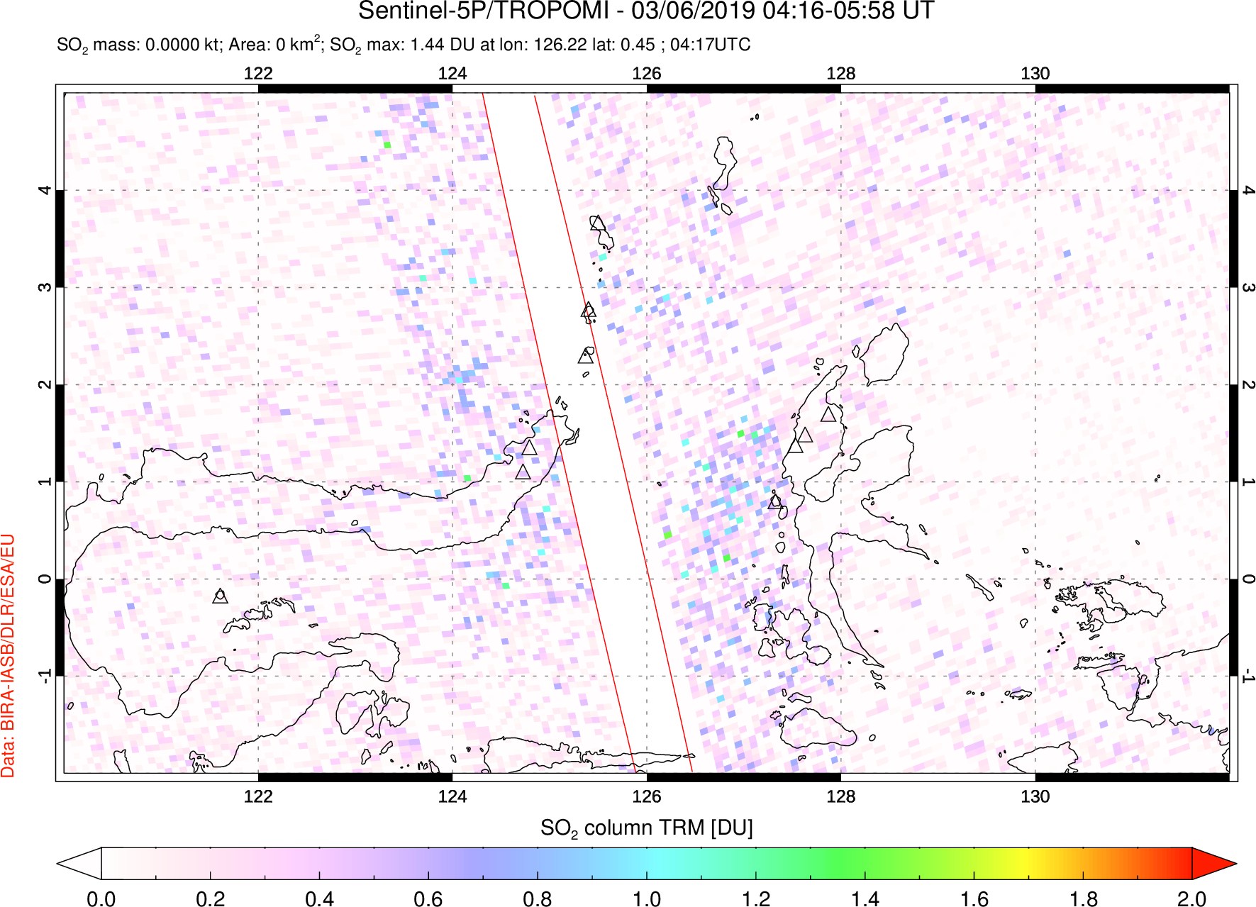 A sulfur dioxide image over Northern Sulawesi & Halmahera, Indonesia on Mar 06, 2019.