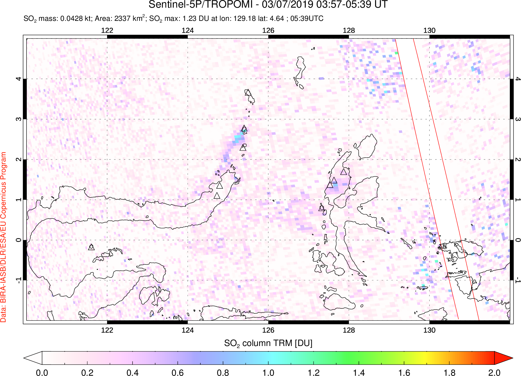 A sulfur dioxide image over Northern Sulawesi & Halmahera, Indonesia on Mar 07, 2019.