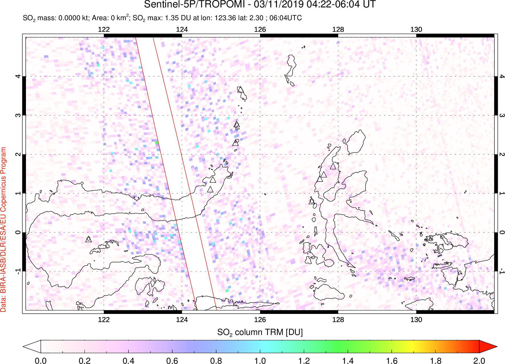A sulfur dioxide image over Northern Sulawesi & Halmahera, Indonesia on Mar 11, 2019.