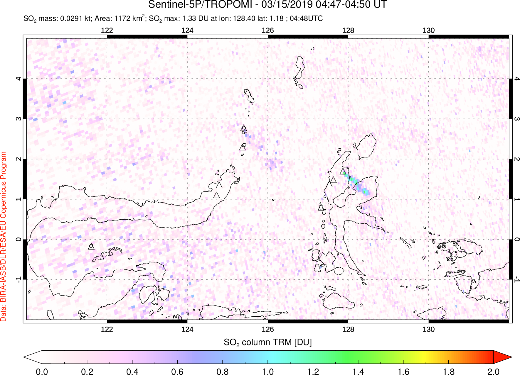 A sulfur dioxide image over Northern Sulawesi & Halmahera, Indonesia on Mar 15, 2019.