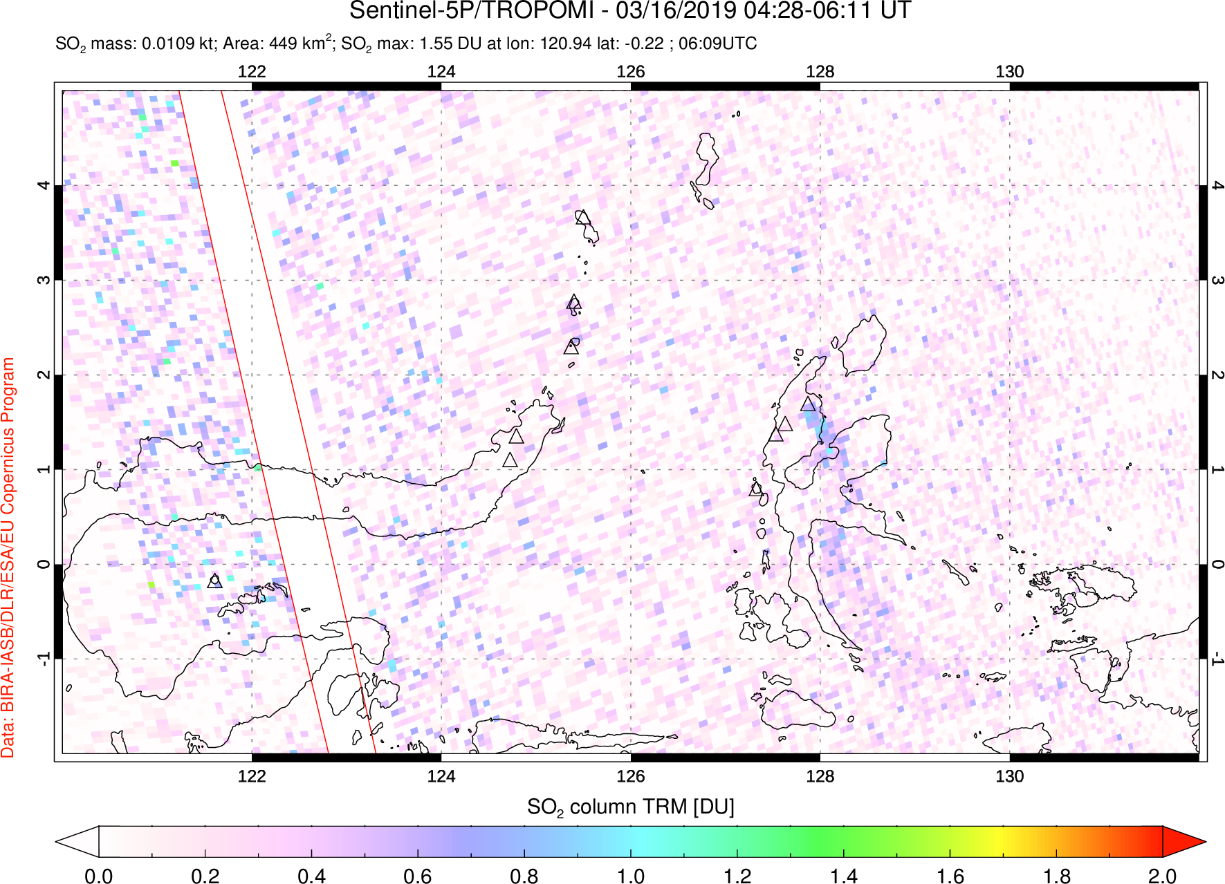 A sulfur dioxide image over Northern Sulawesi & Halmahera, Indonesia on Mar 16, 2019.