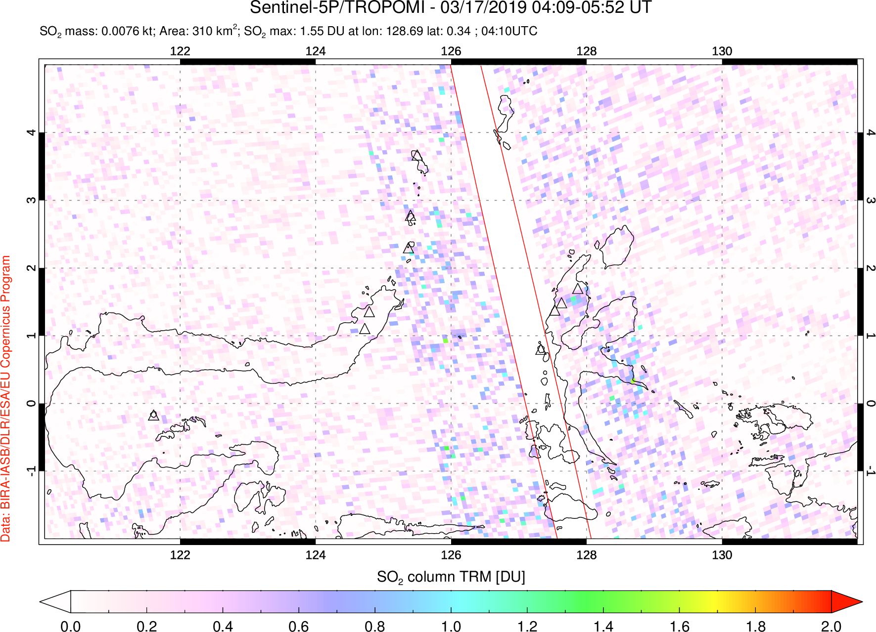 A sulfur dioxide image over Northern Sulawesi & Halmahera, Indonesia on Mar 17, 2019.