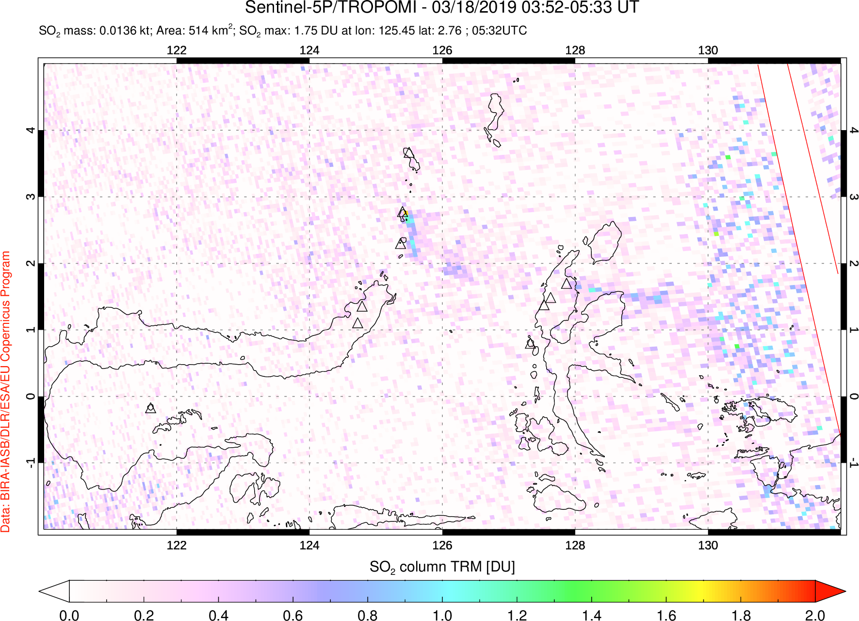 A sulfur dioxide image over Northern Sulawesi & Halmahera, Indonesia on Mar 18, 2019.