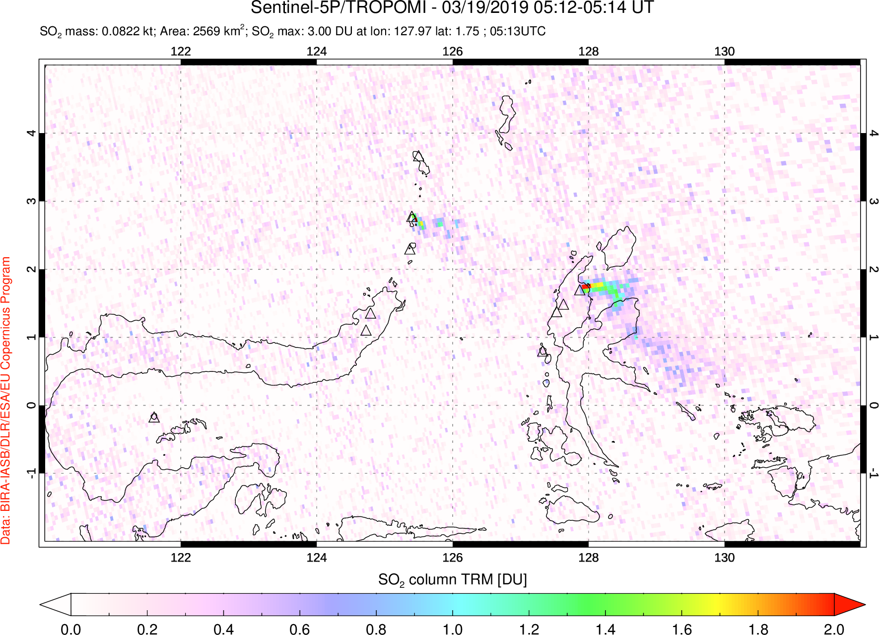 A sulfur dioxide image over Northern Sulawesi & Halmahera, Indonesia on Mar 19, 2019.